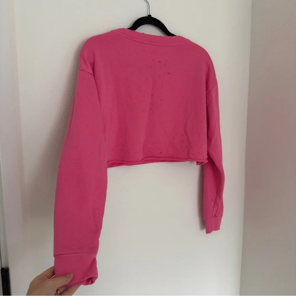 ALO Yoga Fierce Cropped Distressed Details Sweatshirt Pullover Pink Size S Women